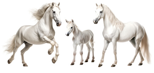 Group of white grey horses: mare, stallion and foal, animal family isolated on transparent background. PNG clip art elements. - obrazy, fototapety, plakaty