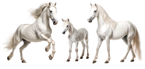 Group of white grey horses: mare, stallion and foal, animal family isolated on transparent background. PNG clip art elements.