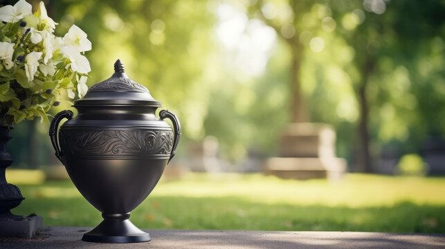A black urn for ashes with flowers stands in a cemetery