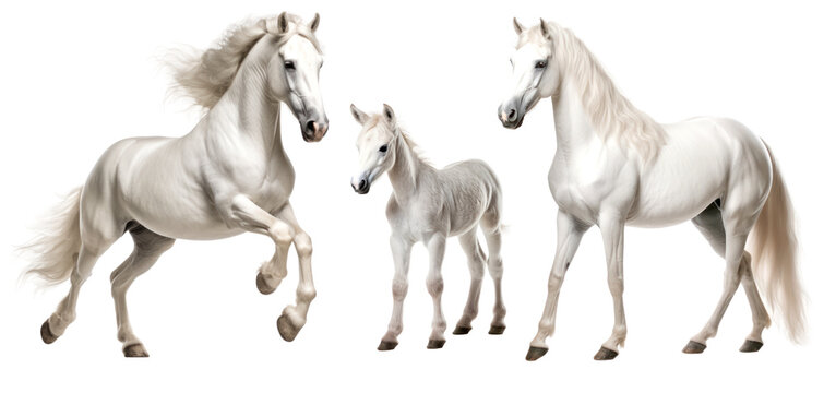 Group of white grey horses: mare, stallion and foal, animal family isolated on transparent background. PNG clip art elements.