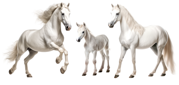 Group of white grey horses: mare, stallion and foal, animal family isolated on transparent background. PNG clip art elements.