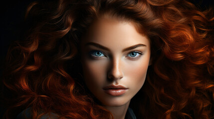 Fototapeta premium Portrait, close-up, of young and beautiful Caucasian woman, redhead, with long curly hair. Beauty advertising concept.