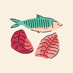 Hand drawn fish: tuna, fillet, herring color element. Cartoon unprocessed food.