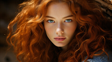 Fototapeta premium Portrait, close-up, of young and beautiful Caucasian woman, redhead, with long curly hair. Beauty advertising concept.