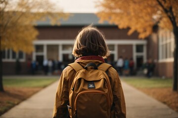 Student walks toward school on a sunny autumn day. Back to school Concept.