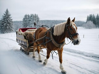 A Santa-designed sleigh pulled by one horse through the snow