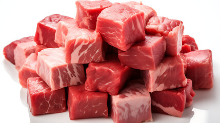raw beef steak cubes with rosemary - Meat, Top view, commercial design. - White background
