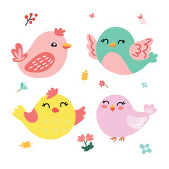 set birds surrounded by flowers and leaves in pastel colors