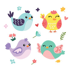 set birds surrounded by flowers and leaves in pastel colors