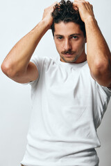 Smile man isolated background portrait t-shirt hipster cool white fashion lifestyle happiness