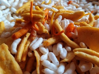 Close up of a plate of crunchy mix farsan namkeen