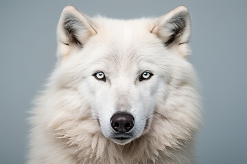 Obraz premium White wolf close-up portrait on a gray background.