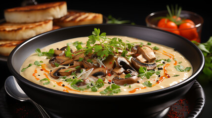 stew with vegetables - Pan full Mushroom soup.  top view, commercial product design shot - food art