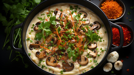 stew with vegetables - Pan full Mushroom soup.  top view, commercial product design shot - food art - obrazy, fototapety, plakaty