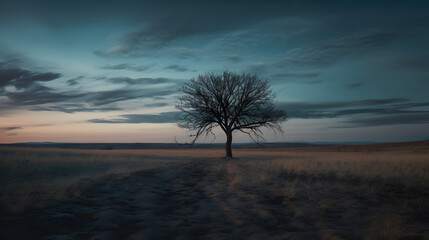 Fototapeta na wymiar Solitary Silhouette: Barren Tree Standing Alone Against a Dramatic Twilight SkyAI generativ