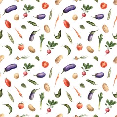Seamless watercolor pattern with different vegetables. Hand drawn botanical illustrations on isolated background. It can be used in print design, for cards, wallpaper, fabrics, posters, menus, booklet