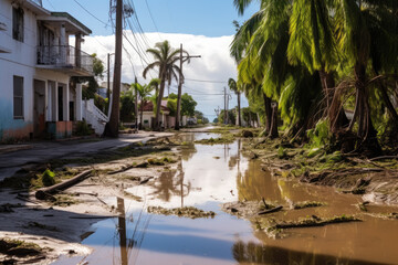 Fototapeta na wymiar Flooded Streets On Tropical Island After Hurricane