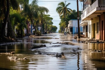 Fototapeta na wymiar Flooded Streets On Tropical Island After Hurricane