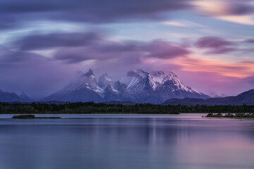 Los Cuernos mountain peak in Chilean Patagonia at sunrise