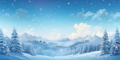 Beautiful snowy landscape with mountains and trees covered in snow