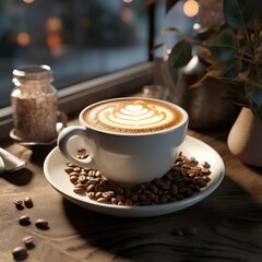 A cup of cappuccino latte coffee with coffee beans is placed on a cafe table