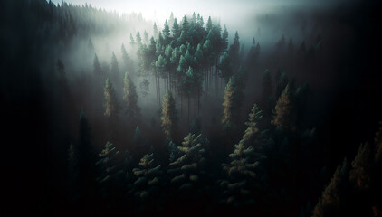 Pine forest in the fog, cinematic dark light, beautiful white and green colors - Natural fantasy scene, trees and hills in the mist, near darkness. Image made by Generative AI - Powered by Adobe