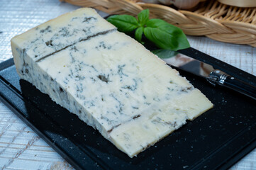 Italian food, buttery or firm blue cheese made from cow milk in Gorgonzola, Milan, Italy