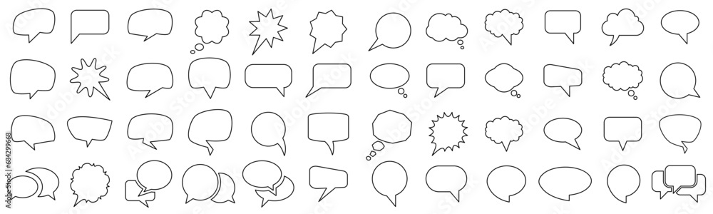 Poster speech bubble set, different empty speech chat discussion bubble line icons, talk cloud balloon coll