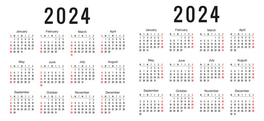 Calendar 2024, calendar week start on Sunday and Monday - stock vector
