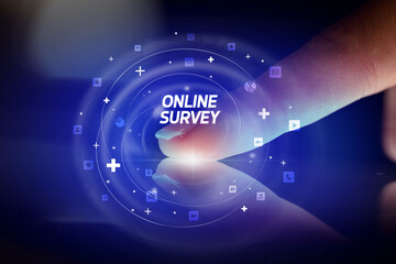 Obraz premium Finger touching tablet with social media icons concept