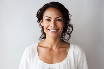 Smiling 40 year old woman posing in front of a white wall.