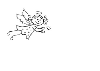 Hand Drawn Illustration of a Cute Flying Angel with a Heart