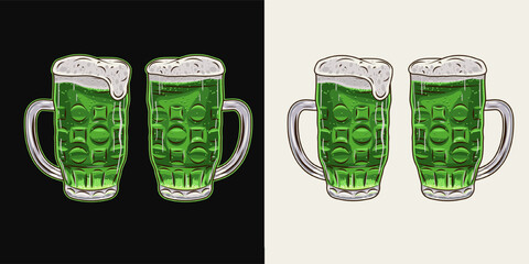 Full glass of green beer. Mug with handle and overflowing beer foam. Filtered transparent beverage. Vintage illustration for Patricks day decoration