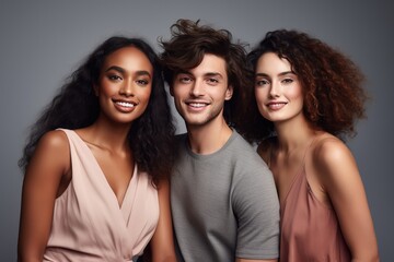 Obraz premium Polyamorous Group Showcasing Diverse Love And Happiness On Gray Background