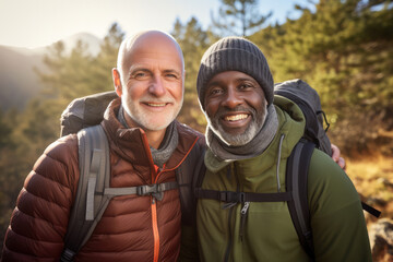 Retired Interracial Gay Couple Hiking, Soft Focus And Sunshine