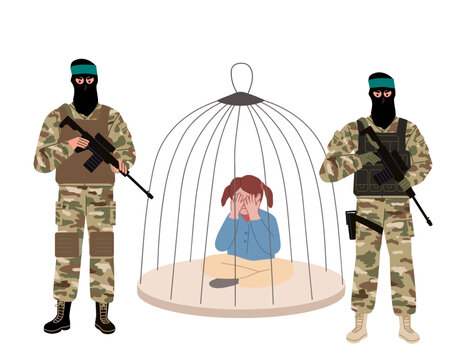 Child taken hostage. Kidnapped girl in a cage. Israeli- Hamas conflict concept.  Armed med guarding and watching. Middle east war.