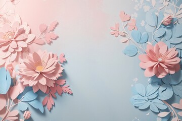 Floral elements on a basic blue paper texture background. Background for party, birthday, wedding or graduation invitation card in blue color with floral elements in soft art style.