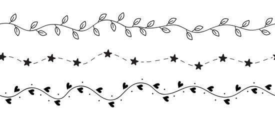 Hearts, stars and leaves seamless brush. Hand drawn doodle