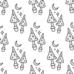 Seamless mushrooms background. Background for Halloween party. Amanita Vector illustration 