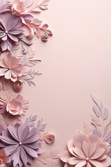 Floral elements on a basic purple paper texture background. Background for party, birthday, wedding or graduation invitation card in purple color with floral elements in soft art style.