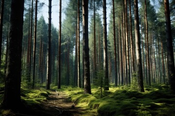 Tall Trees Stood Majestically In The Forest. Сoncept Enchanting Forest Walk, Serene Nature Trail, Majestic Tree Canopy, Tranquil Forest Photography