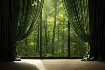 Wooden Floor And Curtain In Green Forest Blur Background. Сoncept Nature-Inspired Home Decor, Rustic Living Room Design, Forest-Inspired Interior Themes