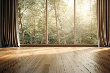 Wooden Floor And Curtain In Green Forest Blur Background