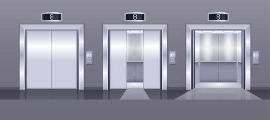 Realistic Elevator Set. Open, Ajar And Closed Chrome Metallic Doors And Button Panels. Modern Passenger Or Cargo Lifts
