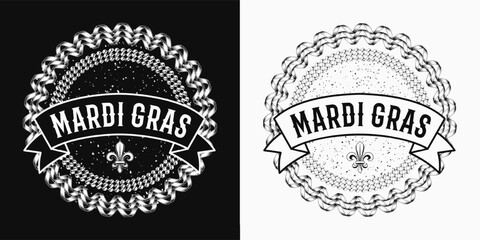 Circular label with strings of beads, party streamer, fleur de lis sign, ribbon with text. Vintage illustration for Mardi Gras carnival. For prints, clothing, t shirt, holiday goods, stuff design. - obrazy, fototapety, plakaty