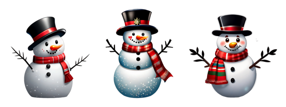 Set of snowman christmas characters for winter holiday xmas. Christmas snowman characters isolated on a transparent background PNG AI Generative - Powered by Adobe