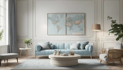 A bright and airy lounge with a soft pastel blue sofa, accented with a round pleated pillow