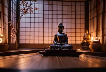 Zen meditation space, tatami mats, shoji screens, bamboo water feature, floor cushions, tranquil