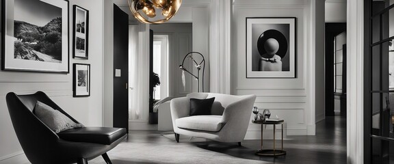 A chic entryway with a statement armchair, decorative pendant lights, and a gallery wall of monochrome