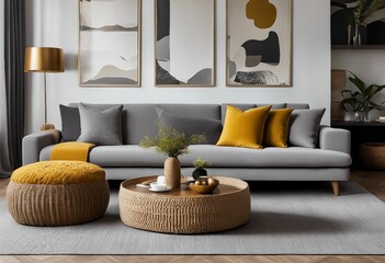 A chic, minimalist living room with a sleek grey sofa adorned with mustard velvet pillows